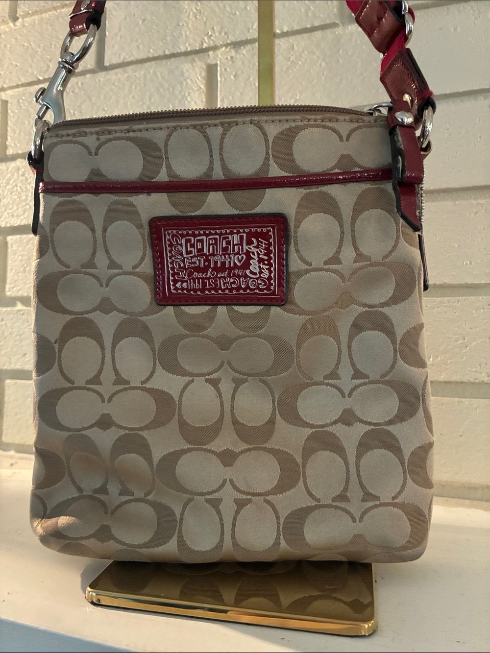Coach Poppy Beige and Cherry Red Signature Crossbody with Red Trim